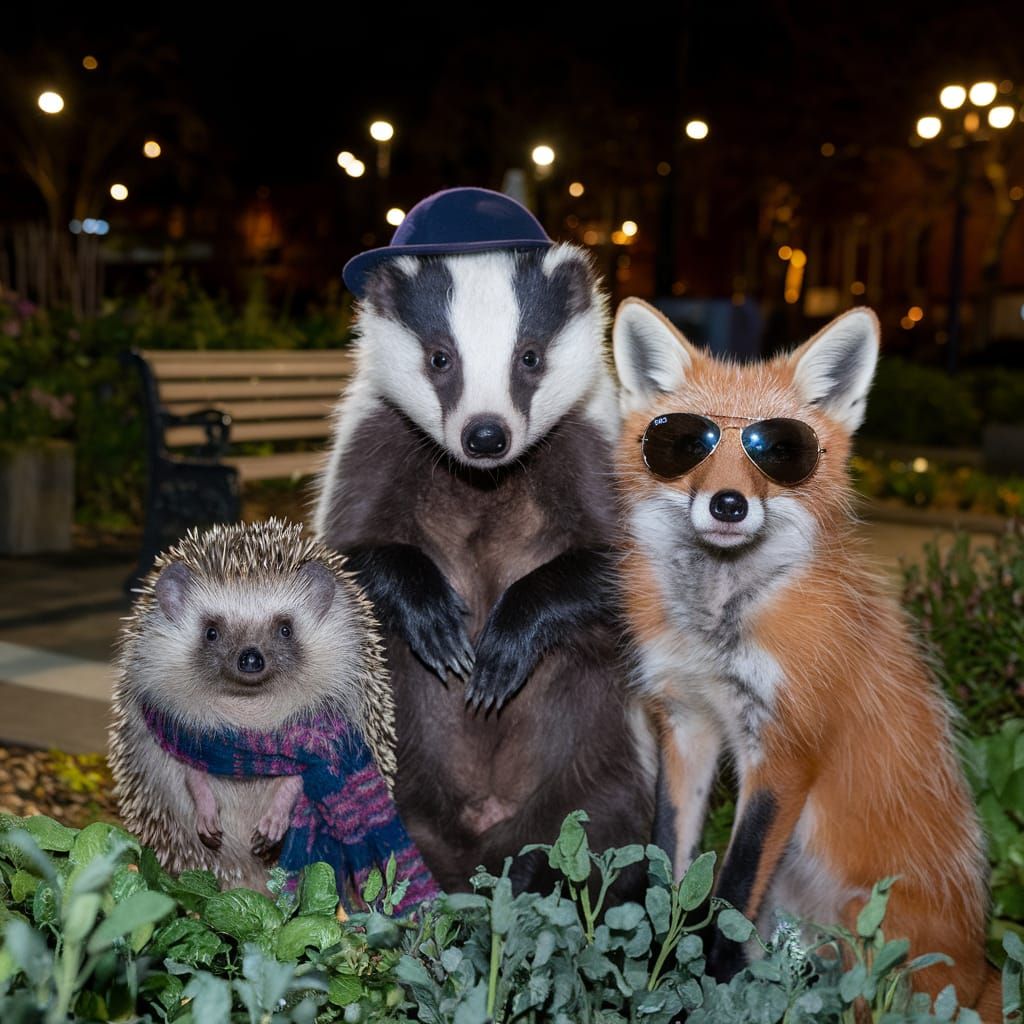 Animals Pose in Garden at Night