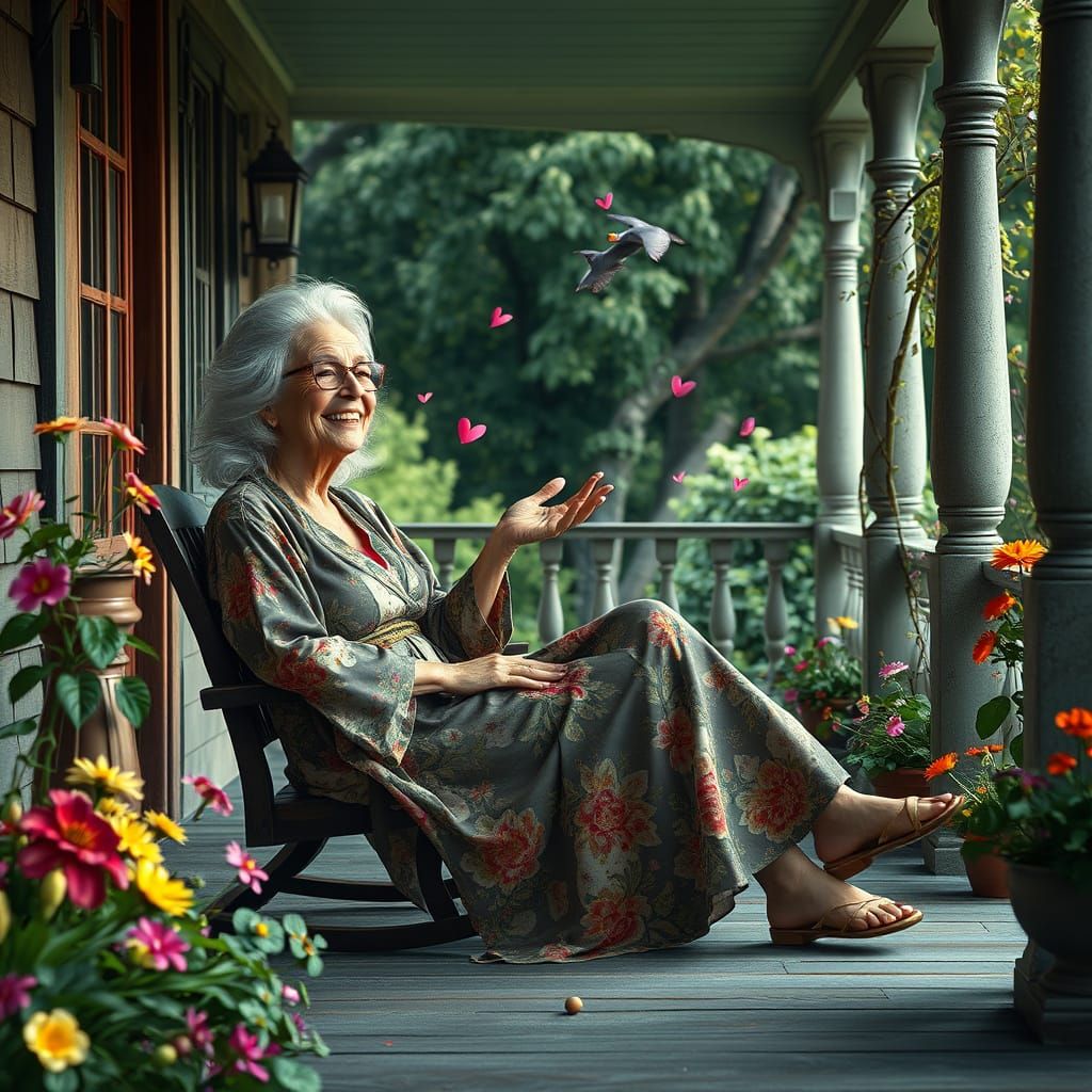 Gentle Granny Throws Kisses from Her Whimsical Porch Oasis