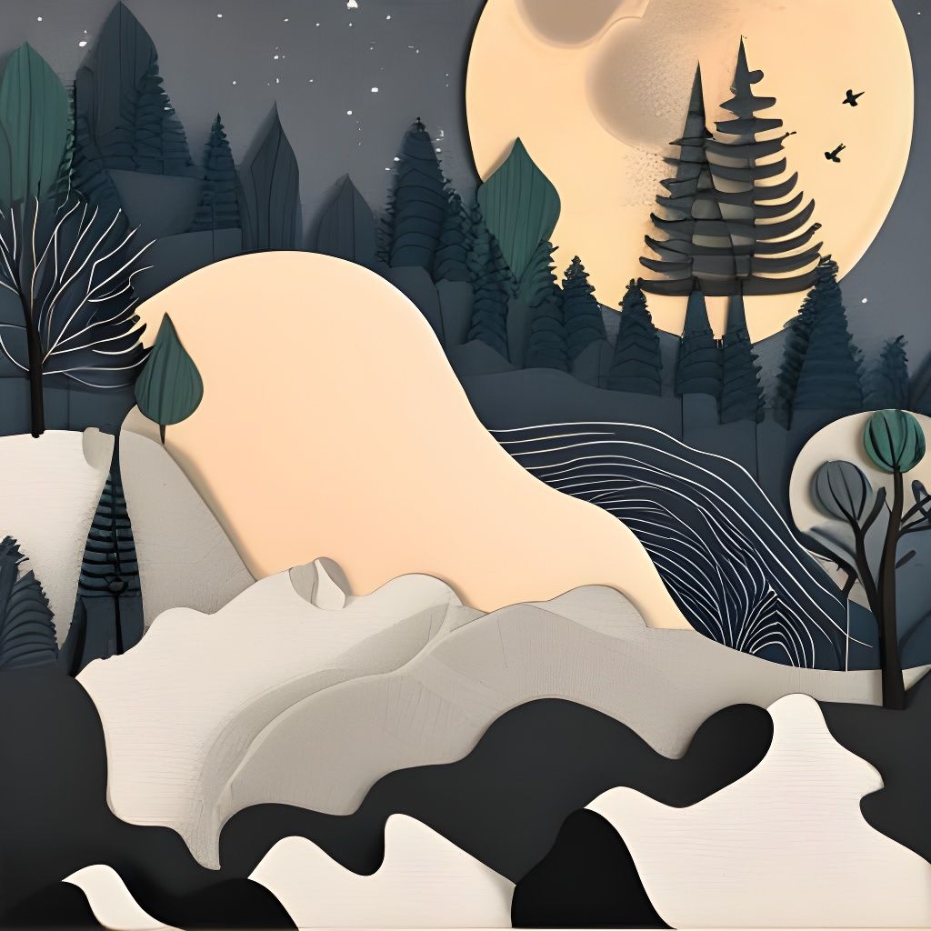 Boho Modern Night Scene with Trees and Hills