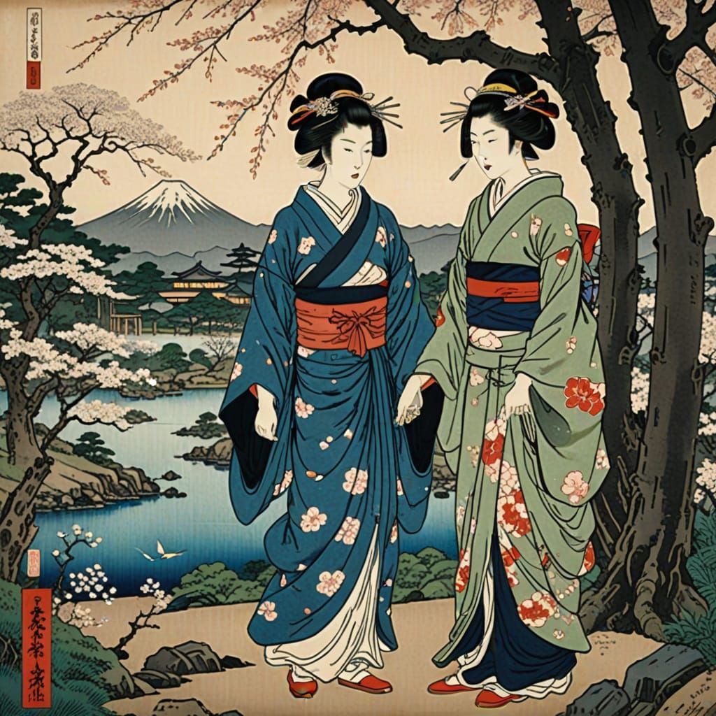 Geisha and Samurai in Japanese Garden Woodblock Print
