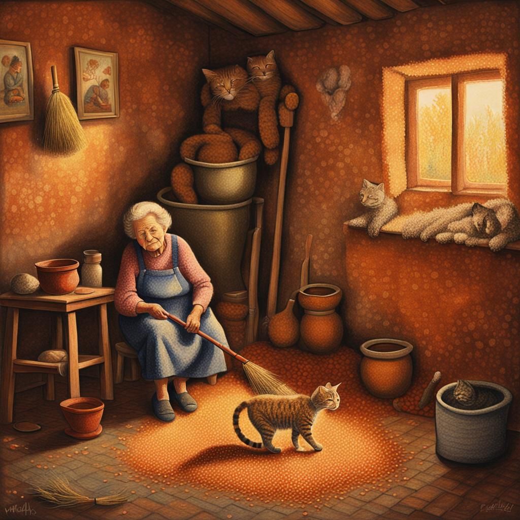 Pointillist Painting of a Serene Domestic Scene