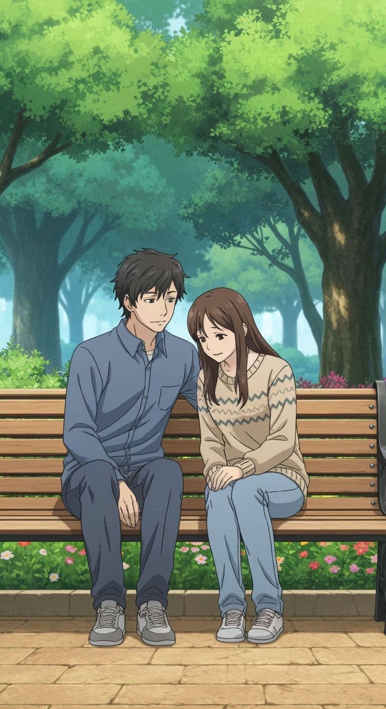Heartwarming Park Bench Scene in Anime Illustration Style