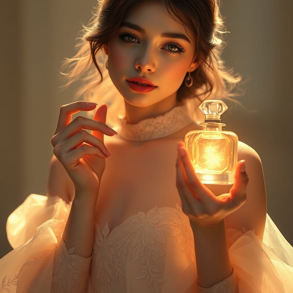 Elegant Woman with Glowing Perfume Bottle