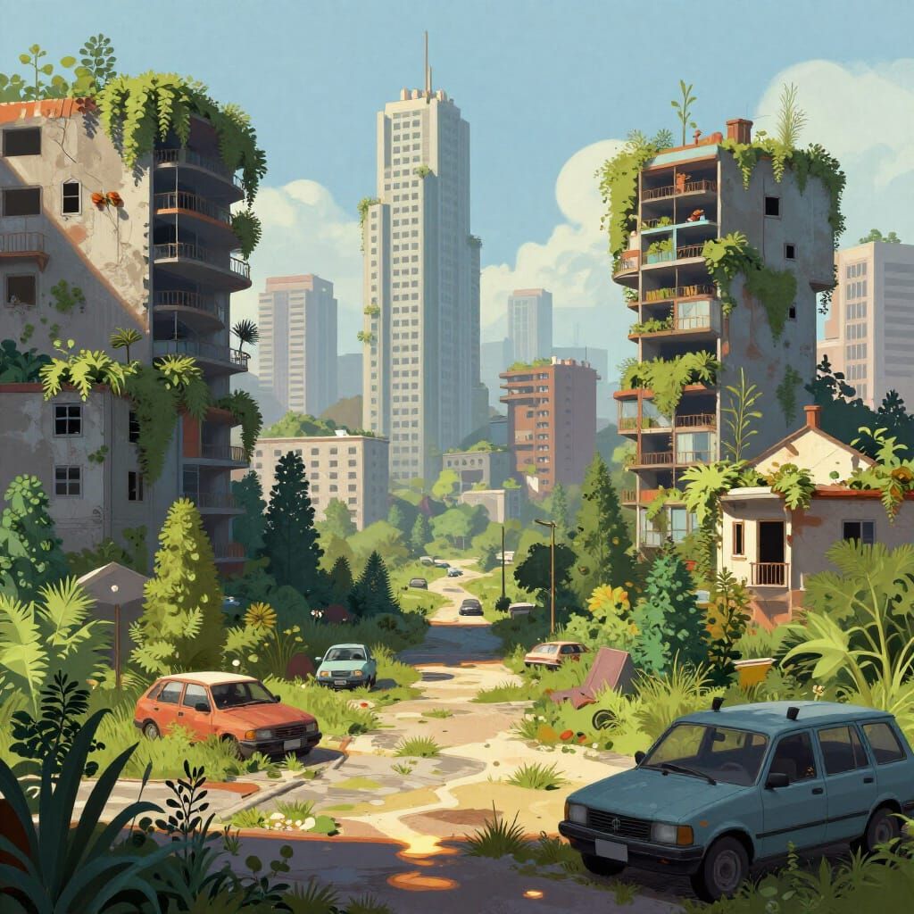 Futuristic Abandoned City in Lush Overgrowth