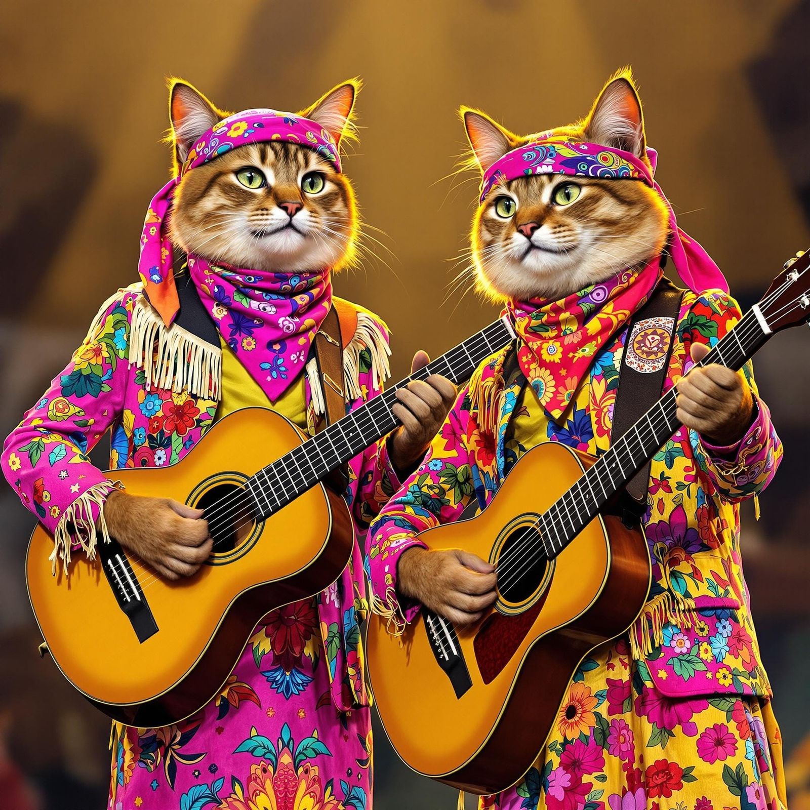 Peaceful Feline Musicians in Vibrant 1960s-70s Style