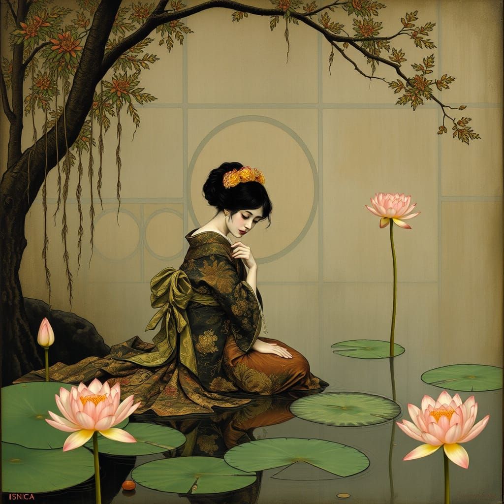 Mourning Geisha in a Lotus Pond Scene
