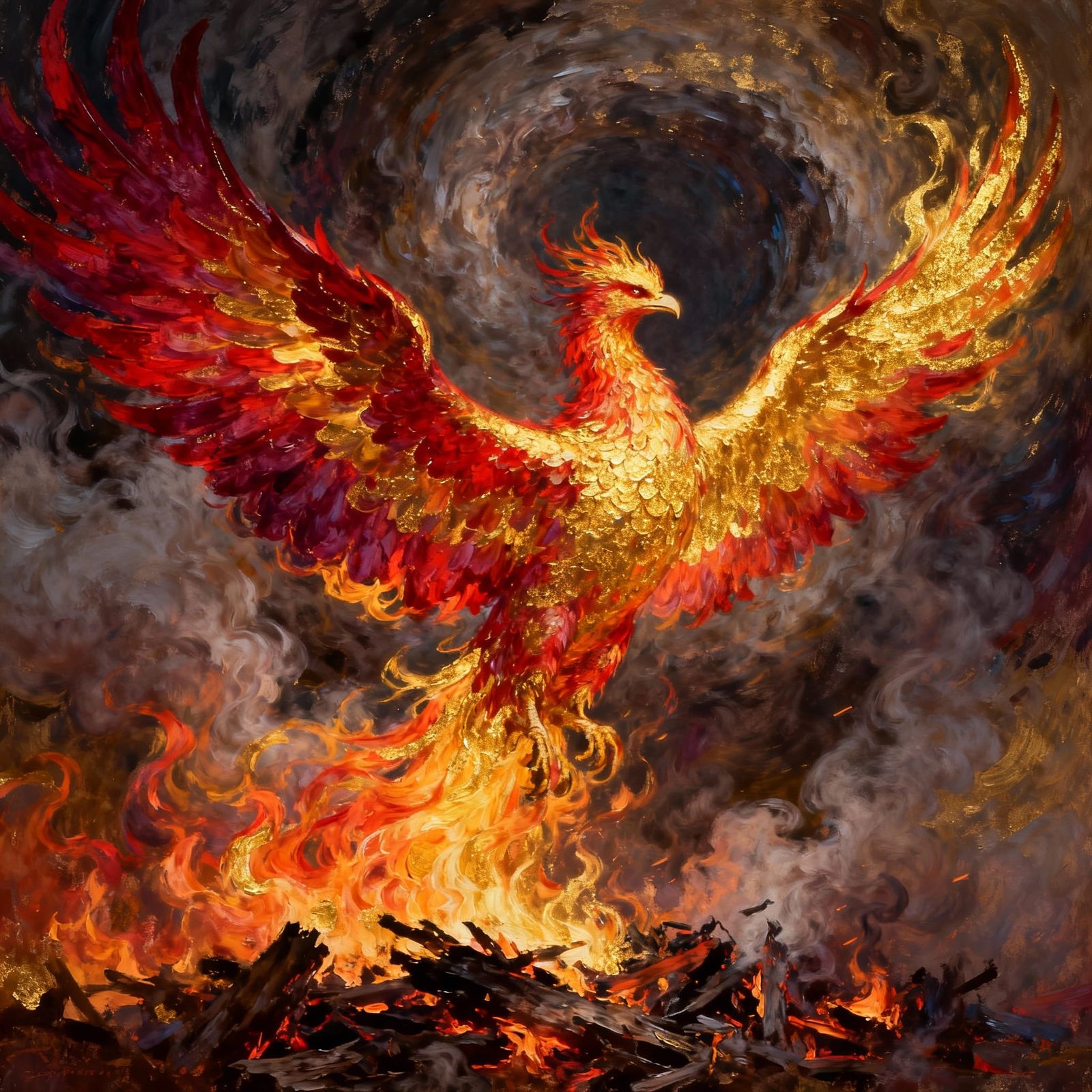 Phoenix Rising From Ashes in Ethereal Flames