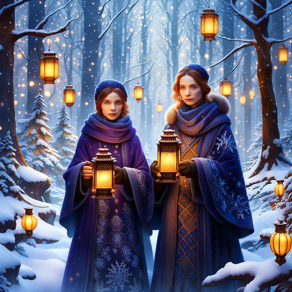Cozy Women Enjoying Hot Cocoa in Snowy Forest