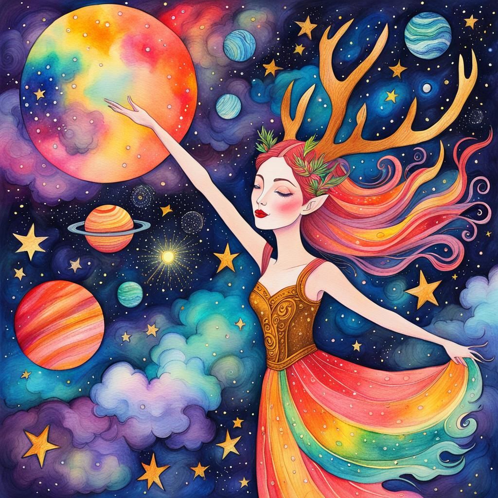 Fairy Goddess Floats Among Cosmic Planets in Crayon Style