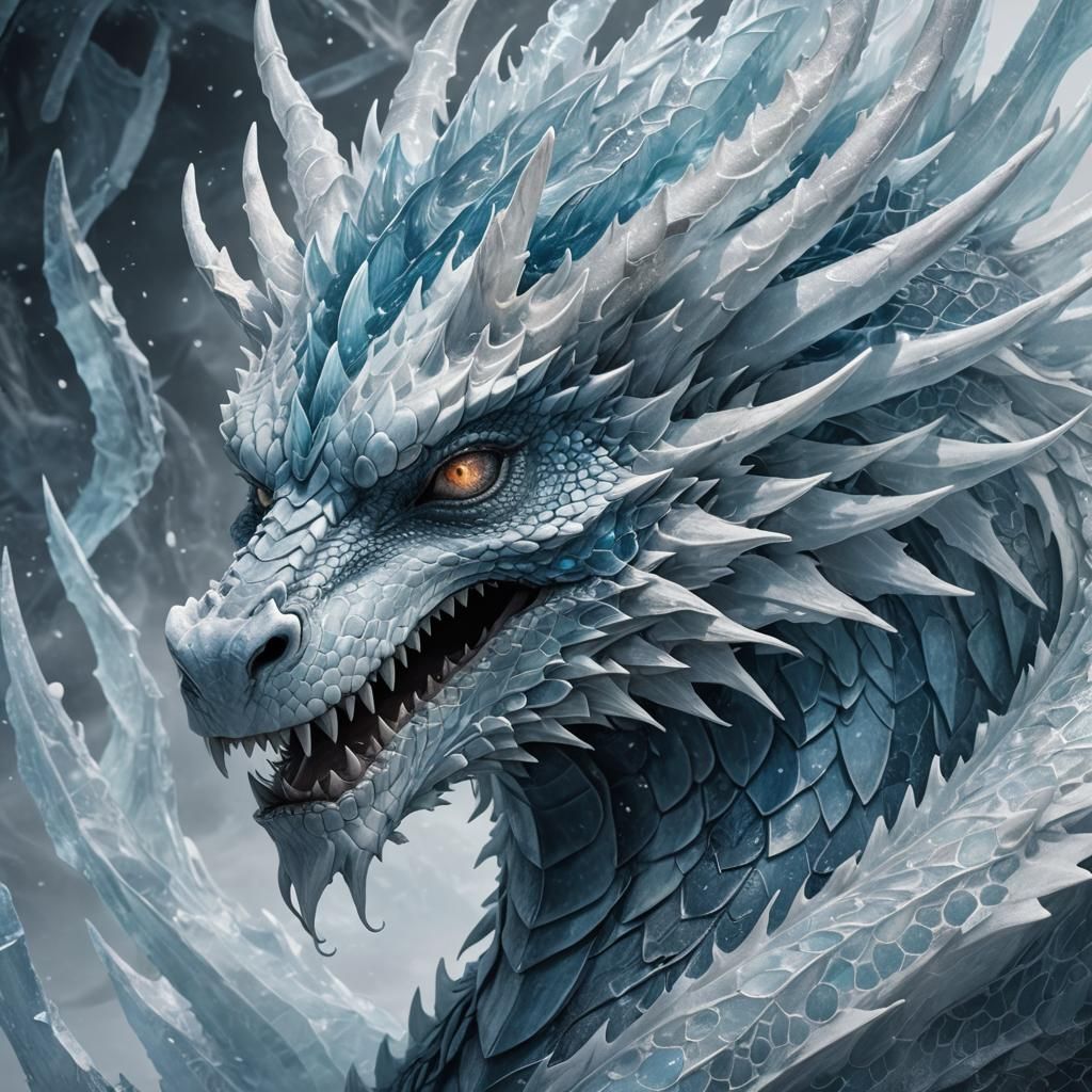Majestic Ice Dragon Emerging from Frozen Mist
