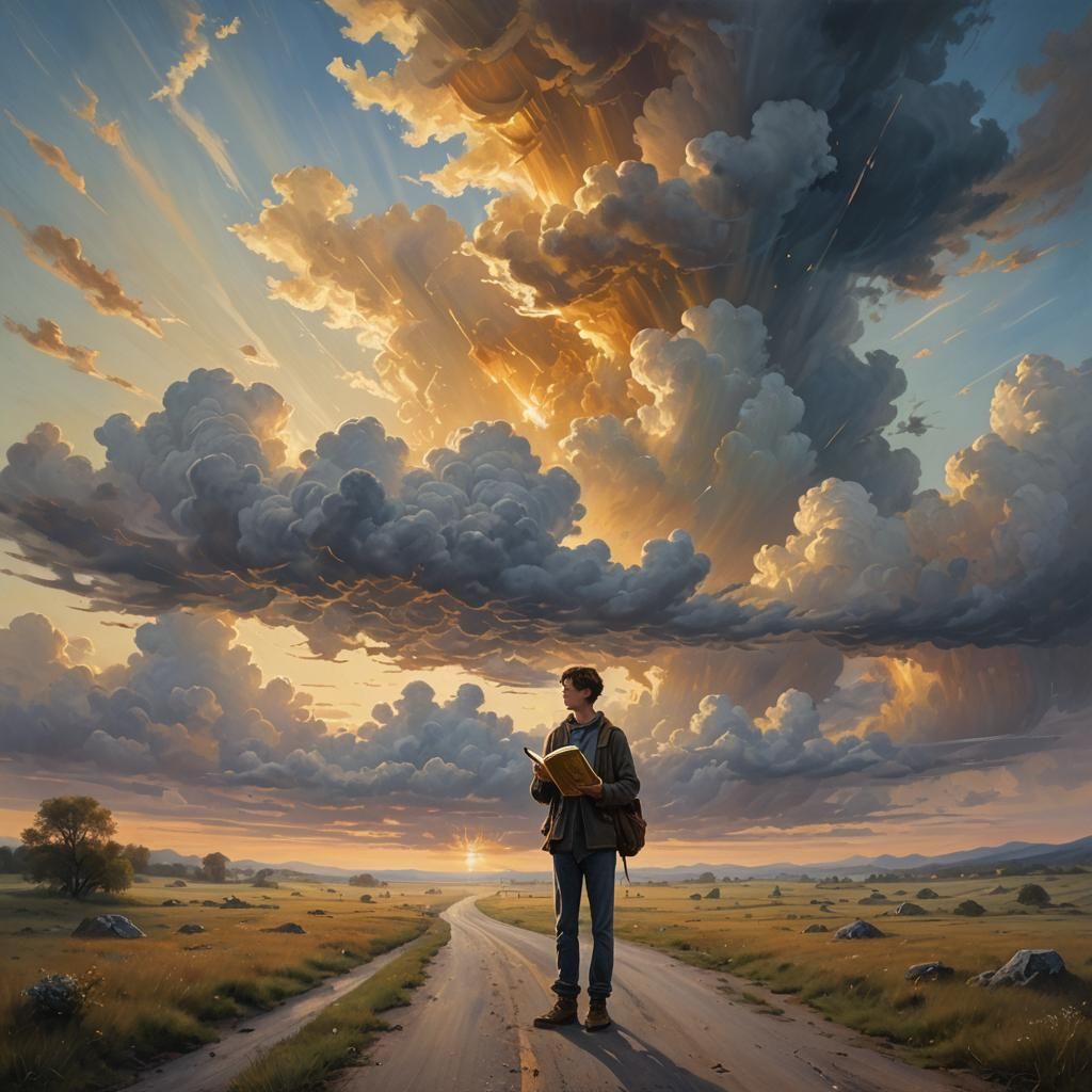 Traveler with Golden Book in Dreamlike Magical Realism