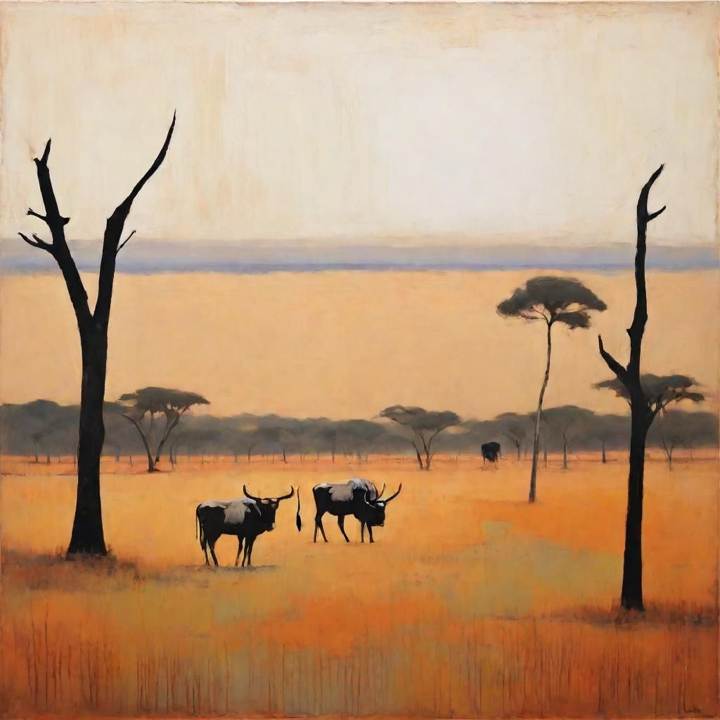 Minimalist Savannah Landscape with Gnus in Rothko Style