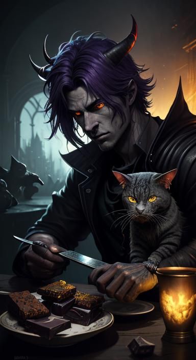 Demonic Boy and Cat in Dark Fantasy Style