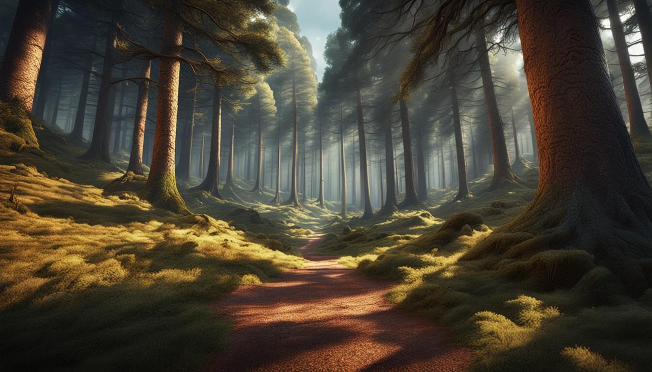 Sunlit Path Through a Pine Forest in Detailed Matte Painting