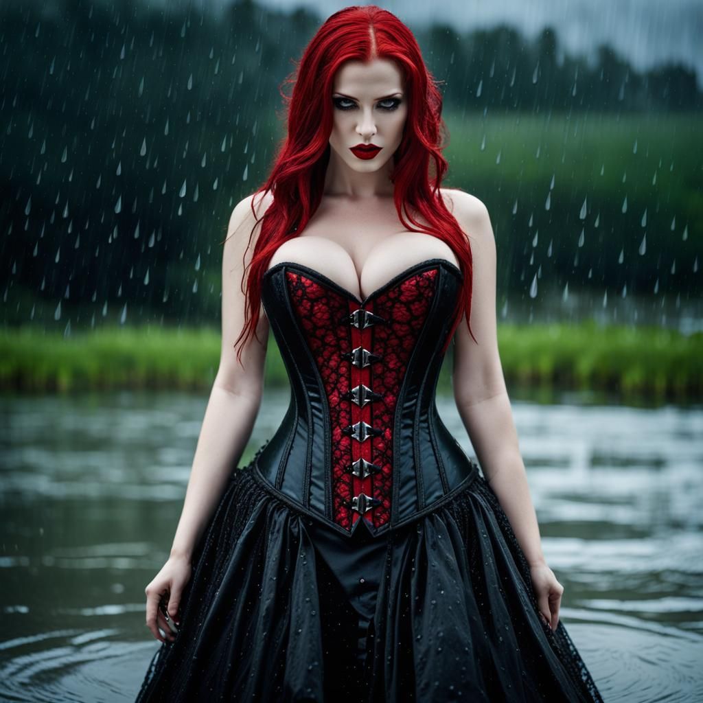 Redhead Vampire in Stormy Lake: Photorealistic Gothic Horror