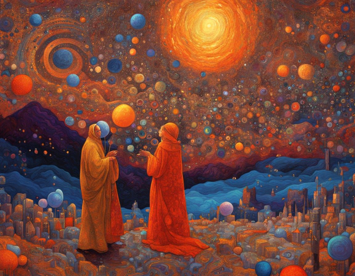 Ancient Weavers Spin Clouds at Sunset, Surreal Art