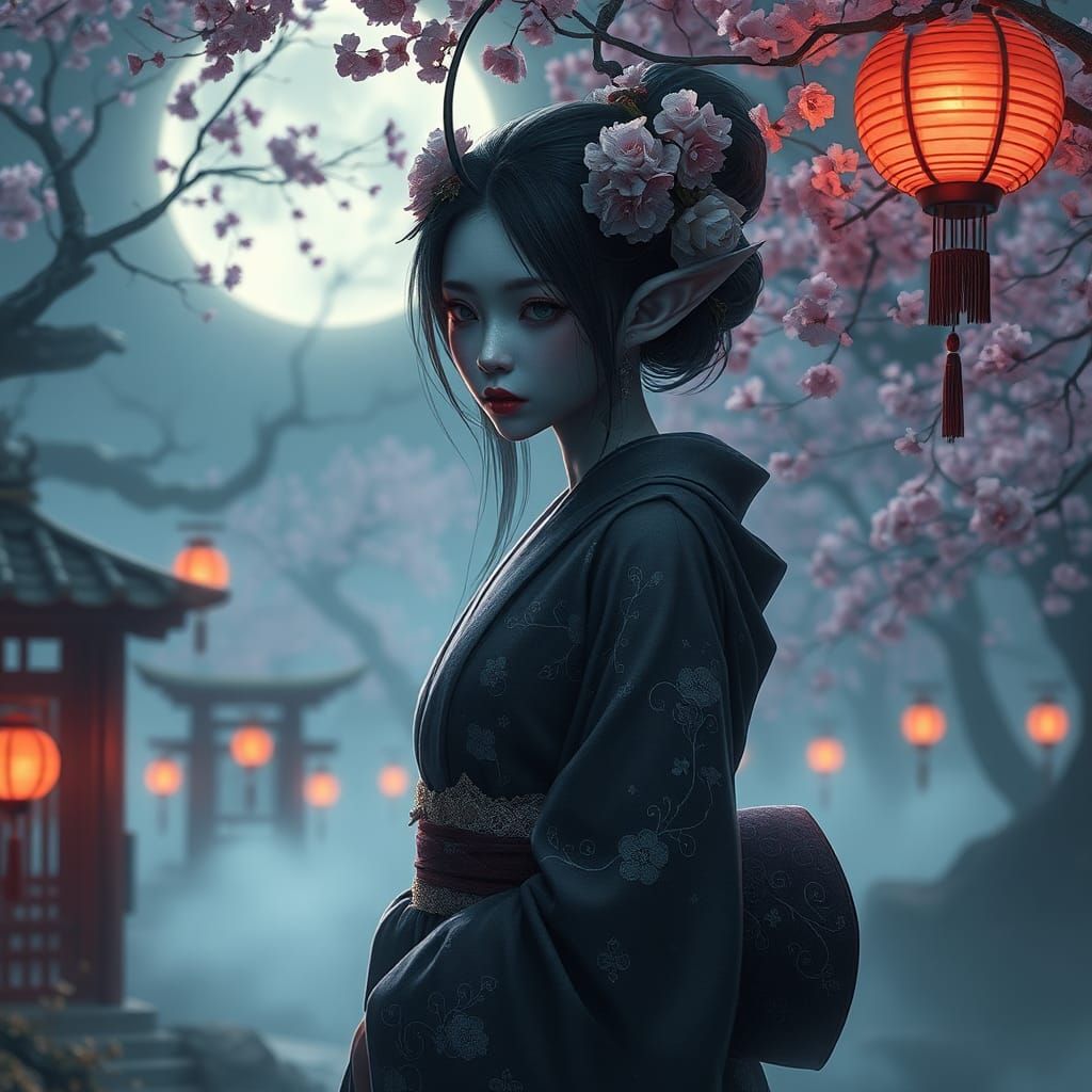 Mournful Fairy Elf Geisha in Japanese Garden