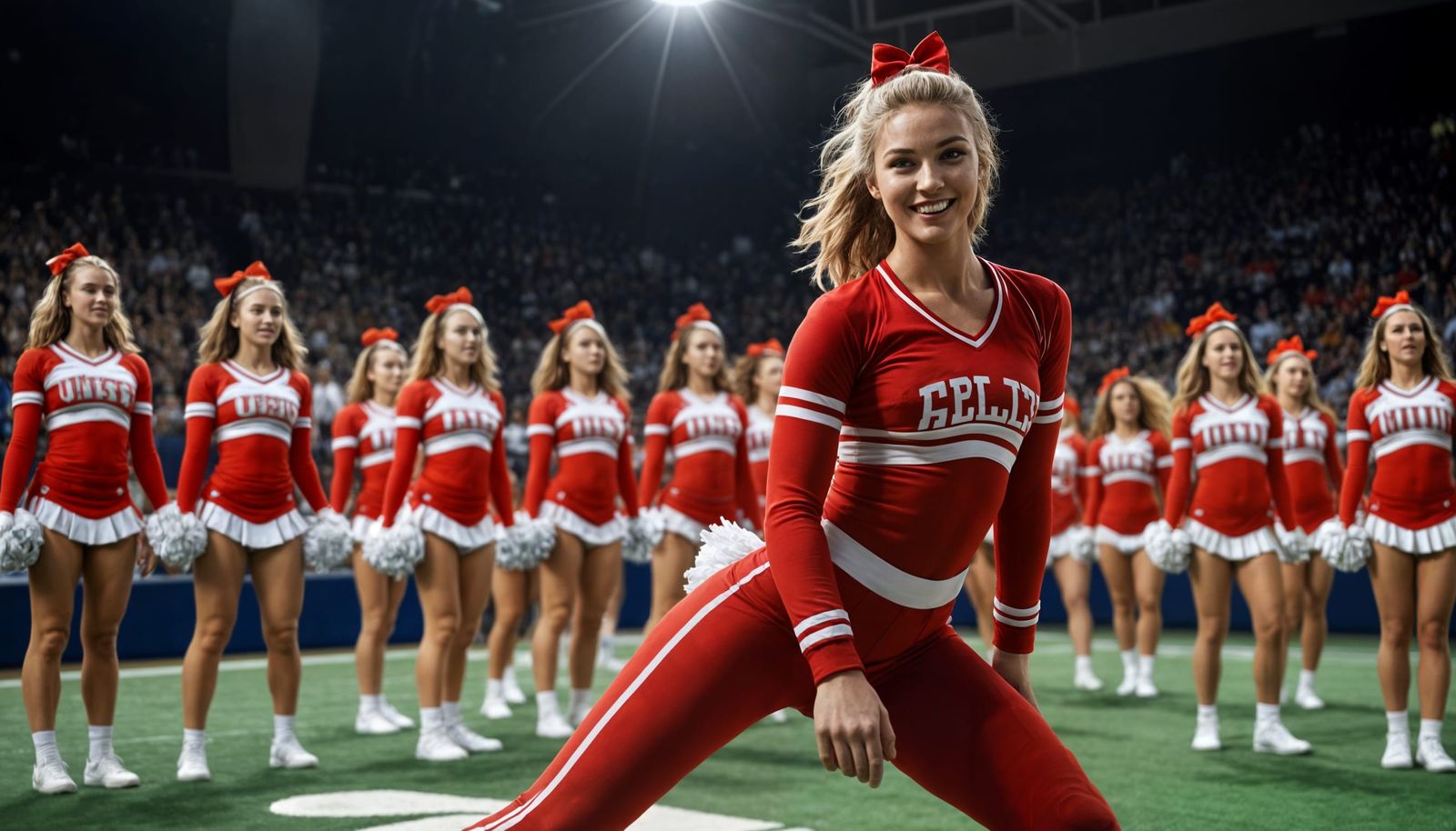Cheerleader Swirls Amidst Football Players in Dramatic Light...