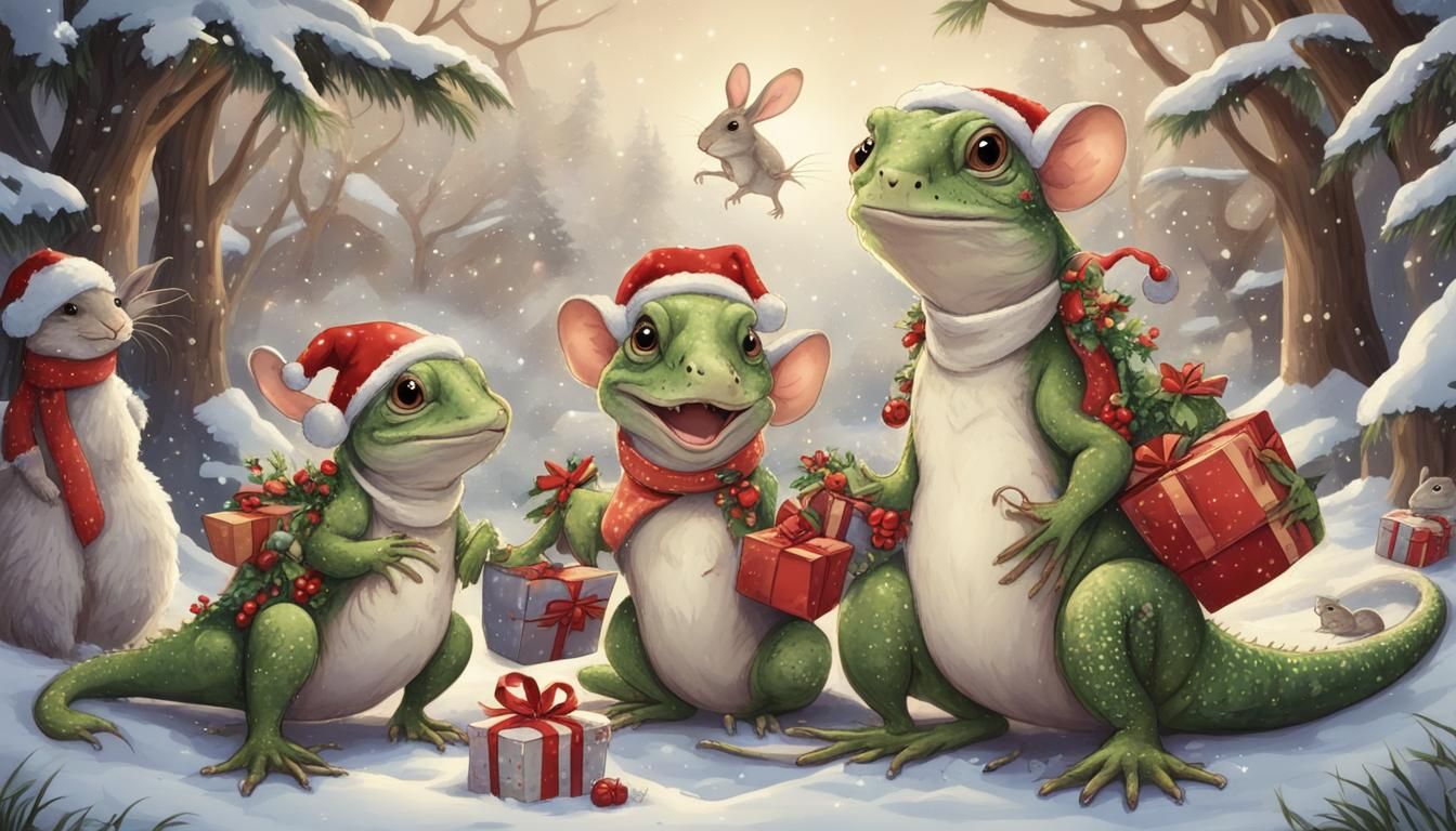 Lizard Family Christmas Cartoon Illustration