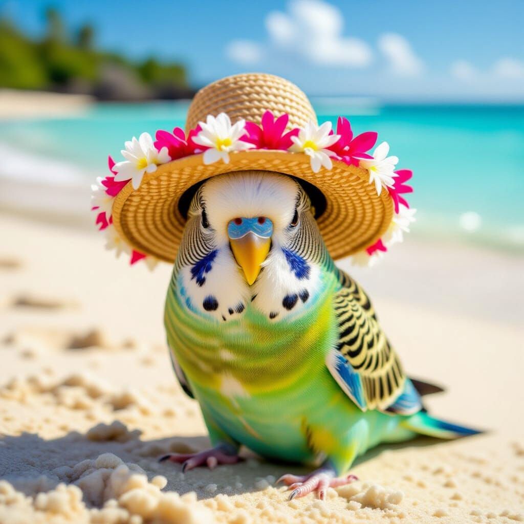 Budgerigar with Hawaiian Hat on the Beach