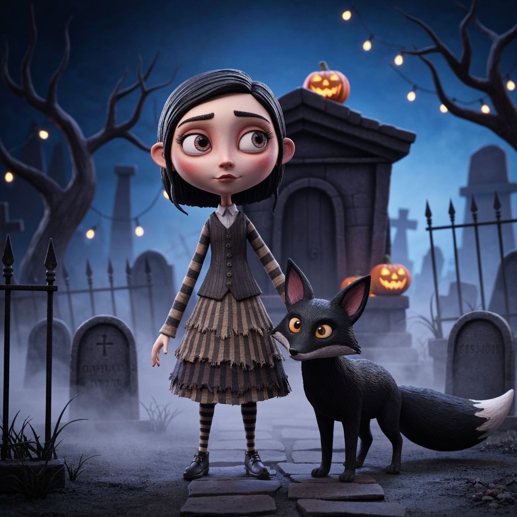Claymation Korean Girl & Black Fox in Moonlit Cemetery
