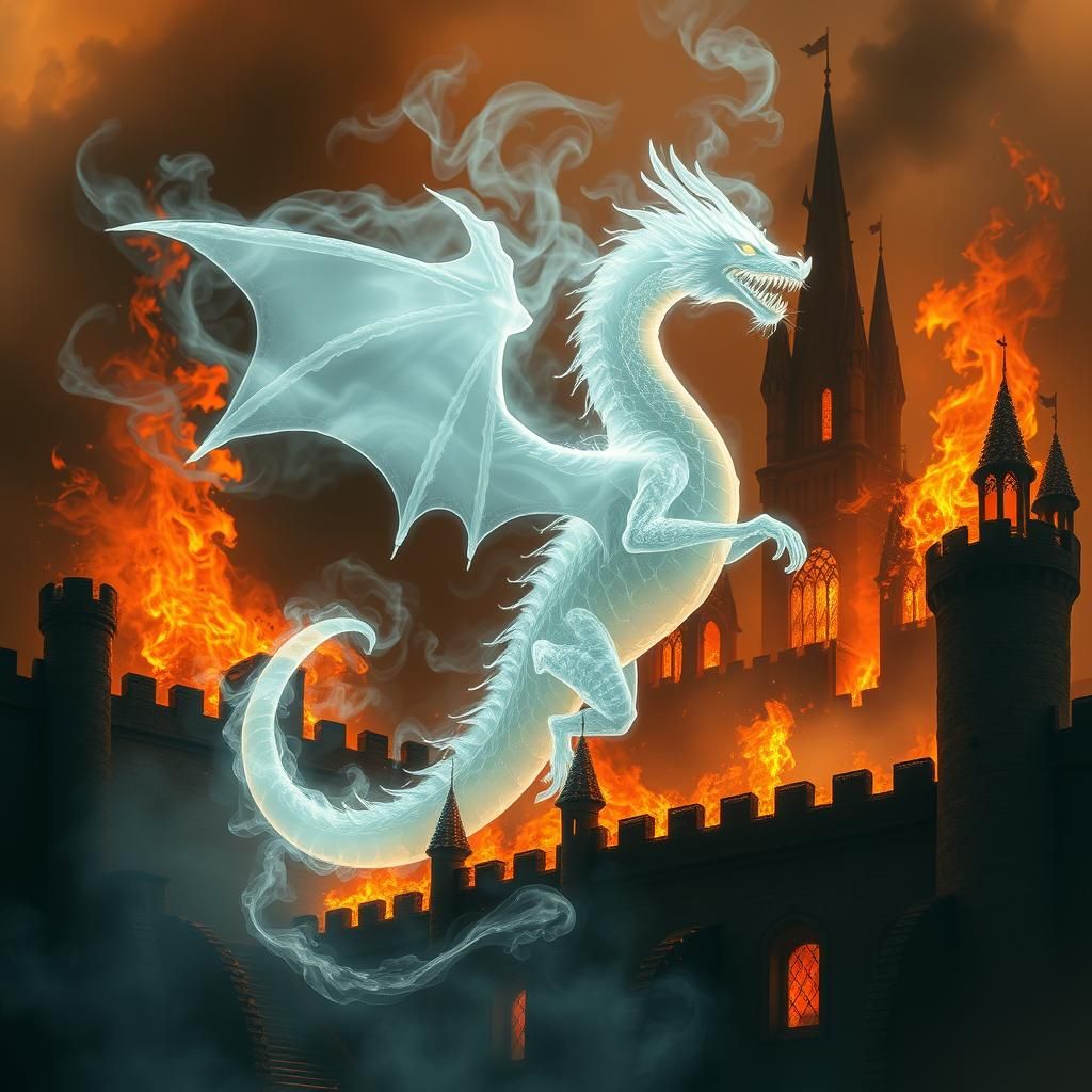 Ethereal Dragon Ascends from Burning Castle