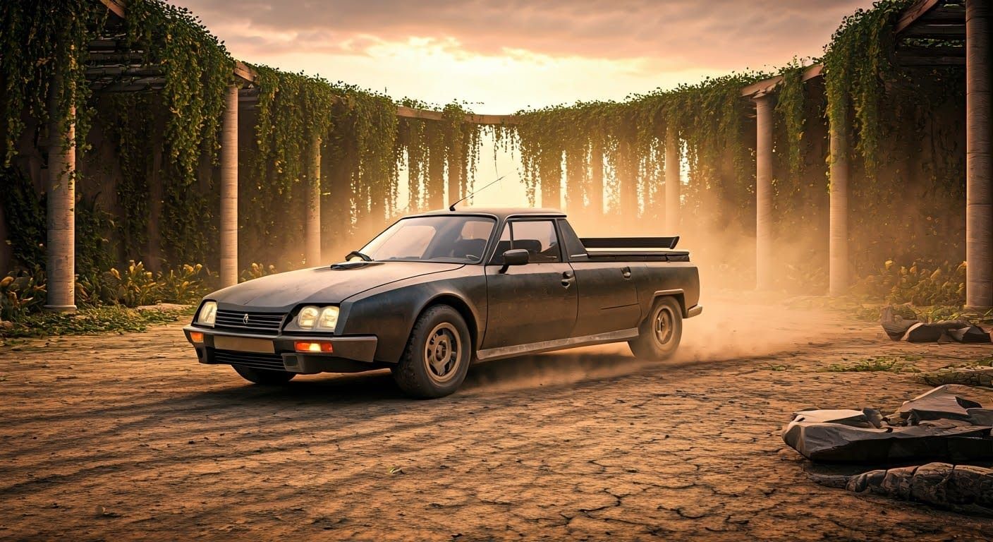 Post-Apocalyptic Pickup Speeds Through a Barren, Dusty Garde...