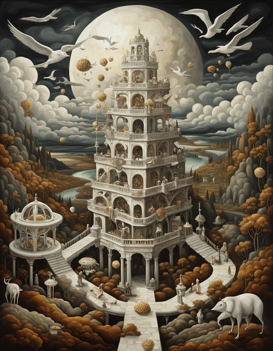 Impossible Escher Structure in Whimsical Landscape Oil Paint...