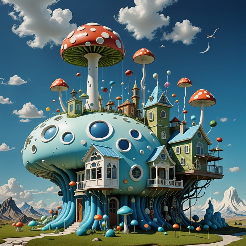 Whimsical Steampunk Dreamscape with Colorful Gum Cabin