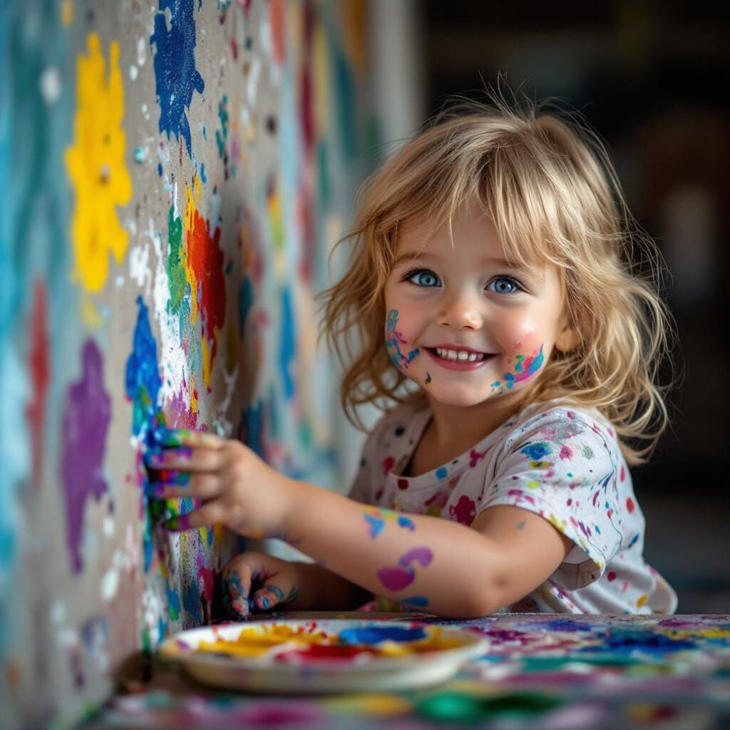 Joyful Toddler Paints Wall with Vibrant Splashes