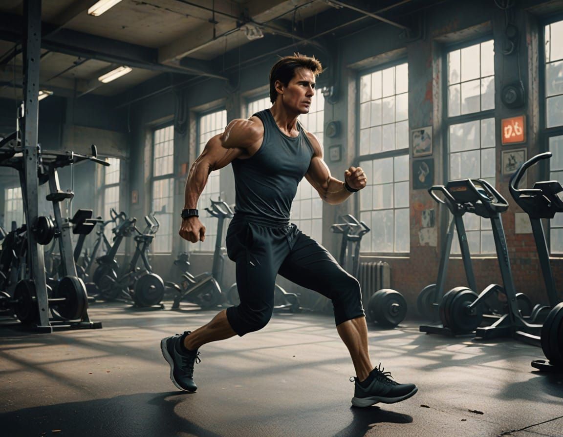 Tom Cruise in Post-Modernist Gym Scene with Dreamy Brushstro...