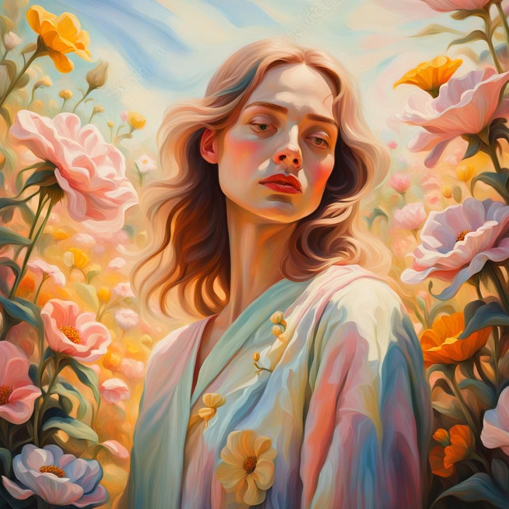 Surreal Woman in Dreamlike Flower Garden