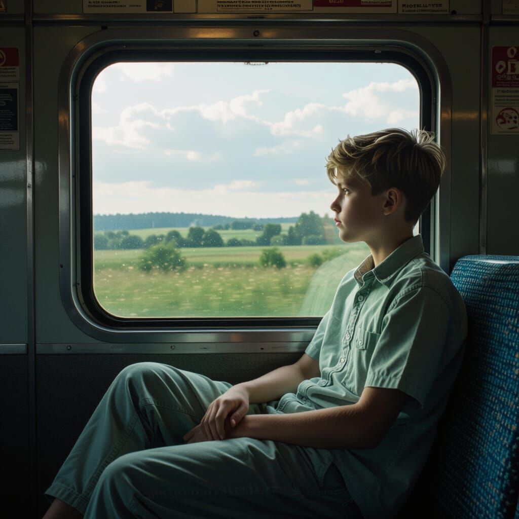 Boy Gazes Out Train Window, Hyperrealistic Cinematic Scene