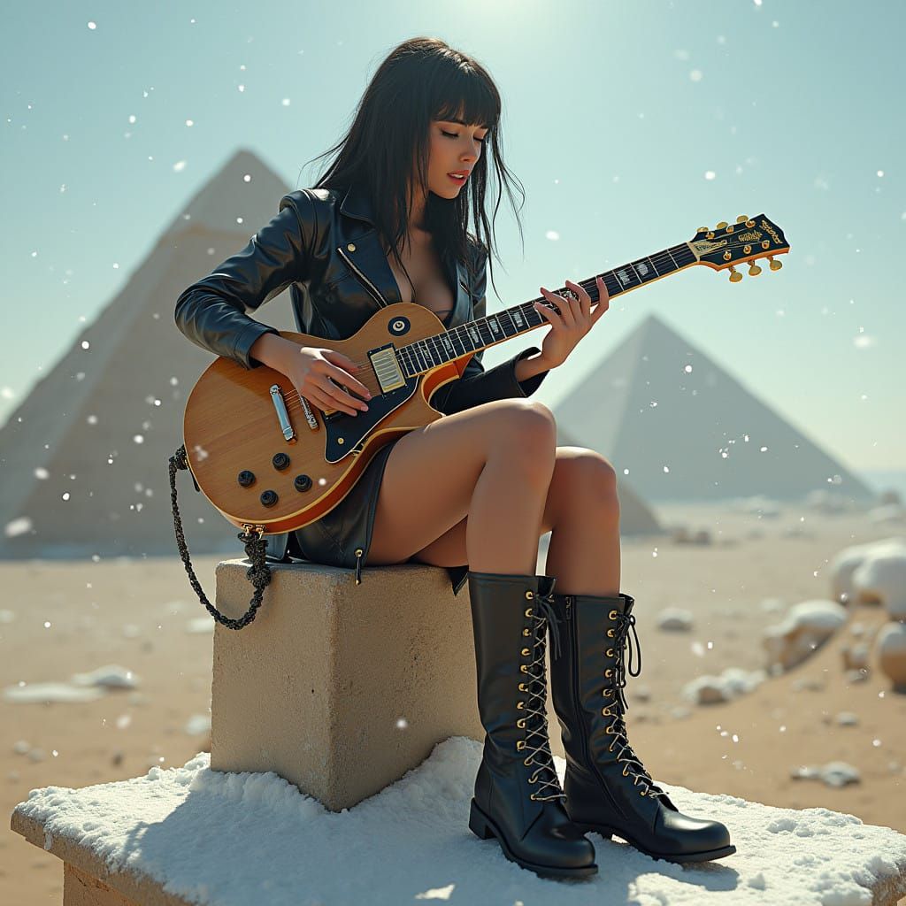 Snow-Kissed Rockstar on Giza Plateau in Cyberpunk Art Style