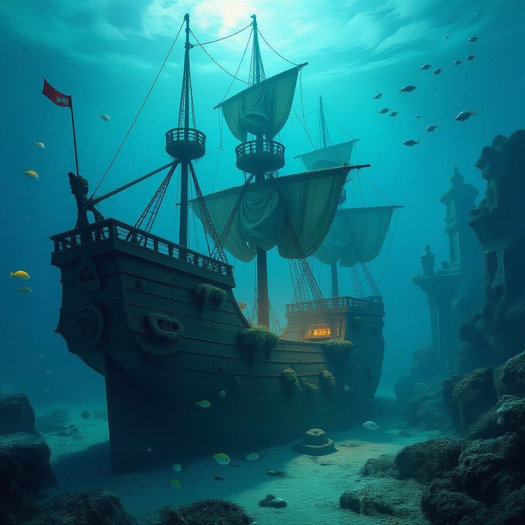 Sunken Galleon in Lost City, Ethereal Fantasy Style