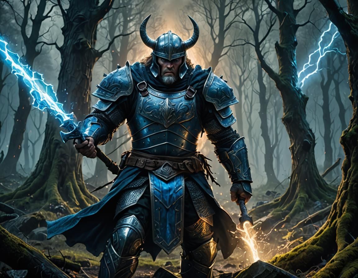 Nordic Warrior Wields Mjolnir in Dark Fantasy Battle