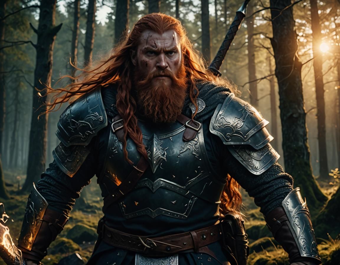 Nordic Warrior Wields Mjolnir in Dark Forest