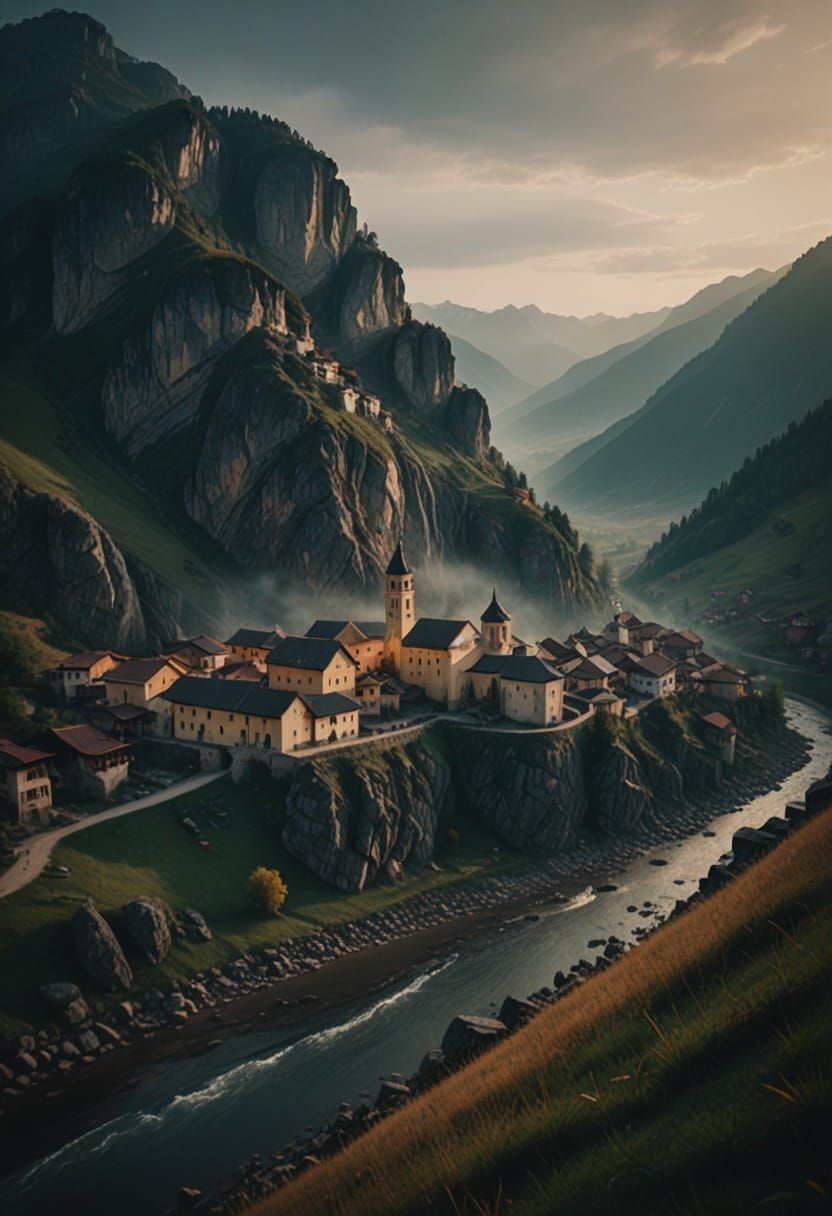 Cinematic Mountain Village with Monastery at Golden Hour