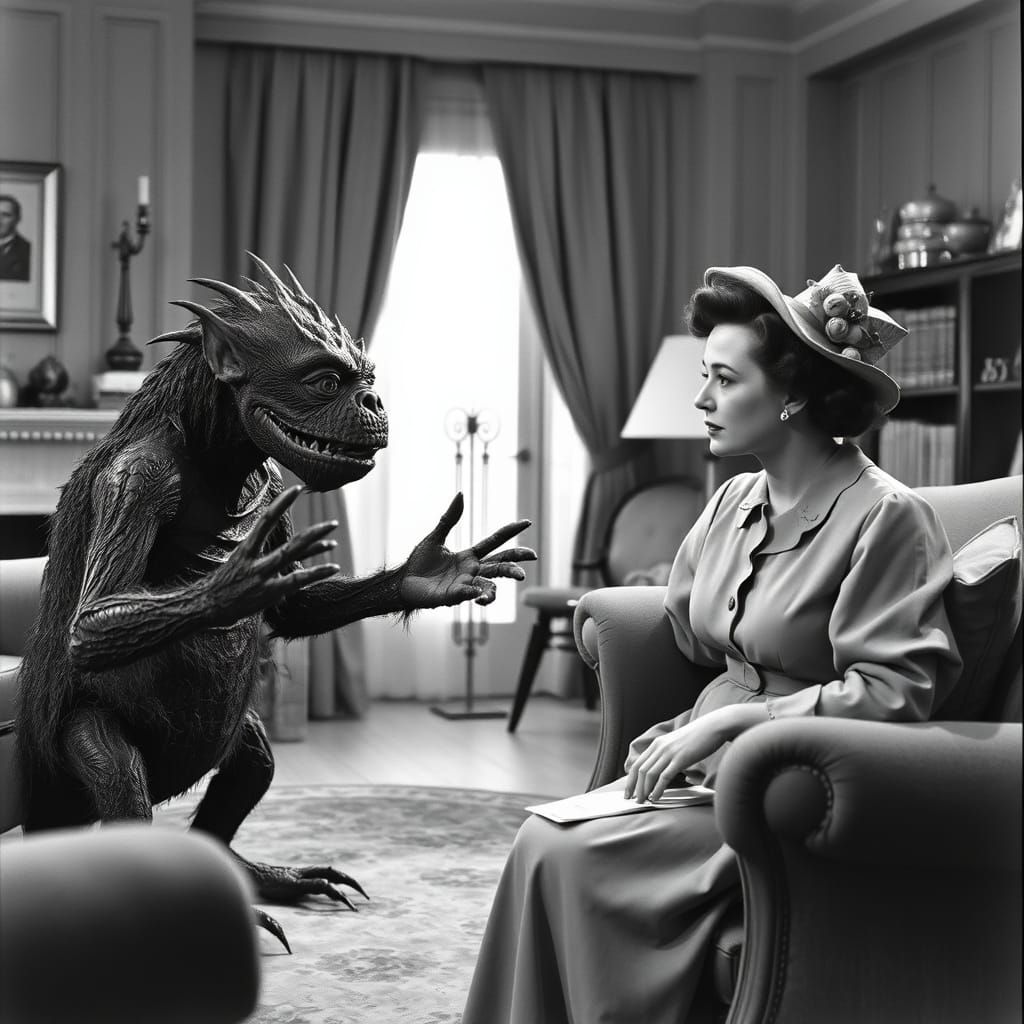 Vintage Woman Listens to Animated Creature