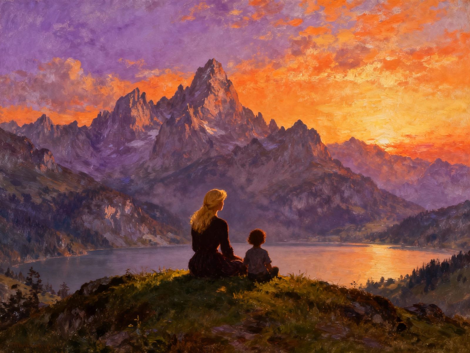 Silhouetted Family Overlooking Swiss Alps at Sunset