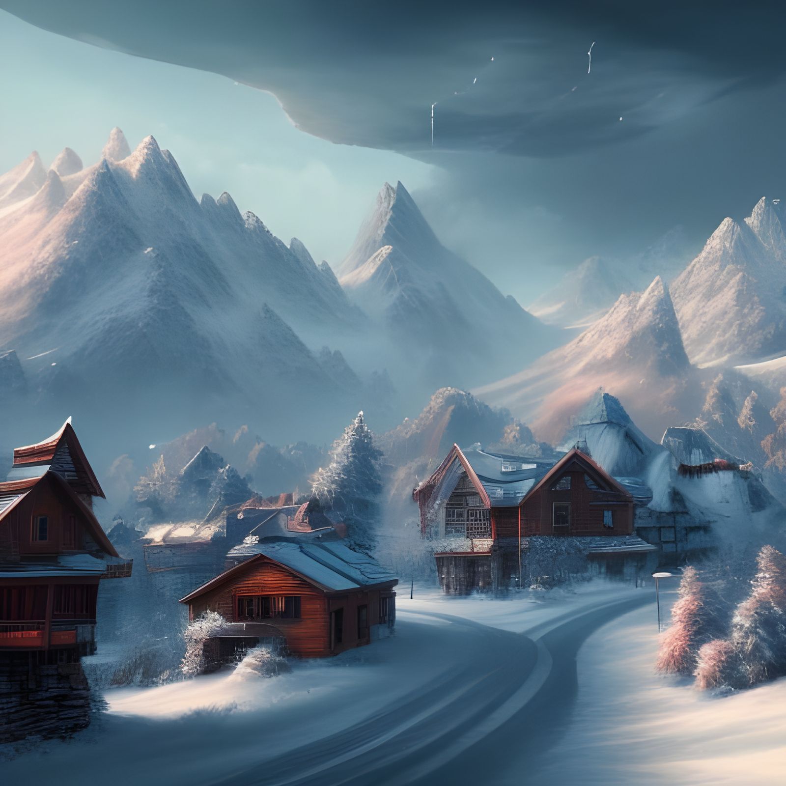 Snowy Suburb: Detailed Matte Painting in Unreal Engine 5