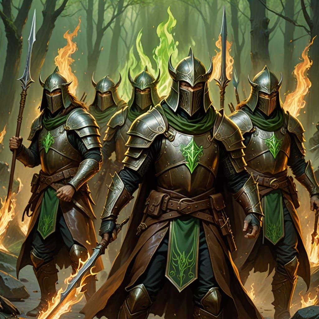 Squad of Wizards in Brown Leather Armor with Green Flame Spe...