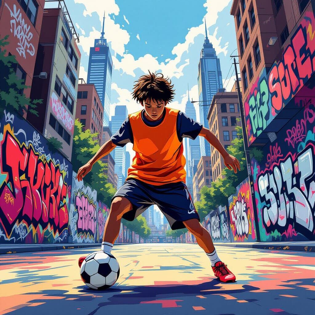 Dynamic Street Football Scene in Illustrative Style