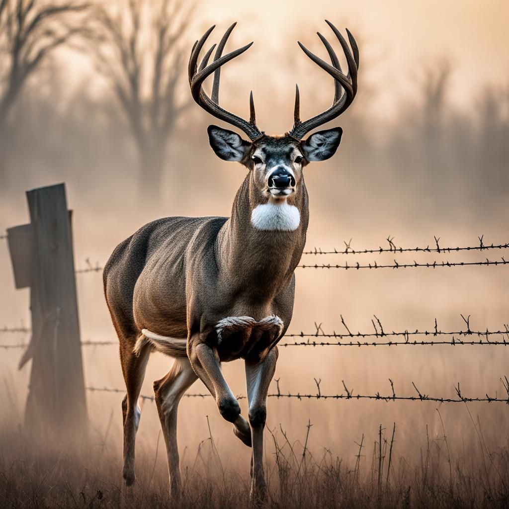 Whitetail Buck Jumps Fence in Fog, Hyperrealistic