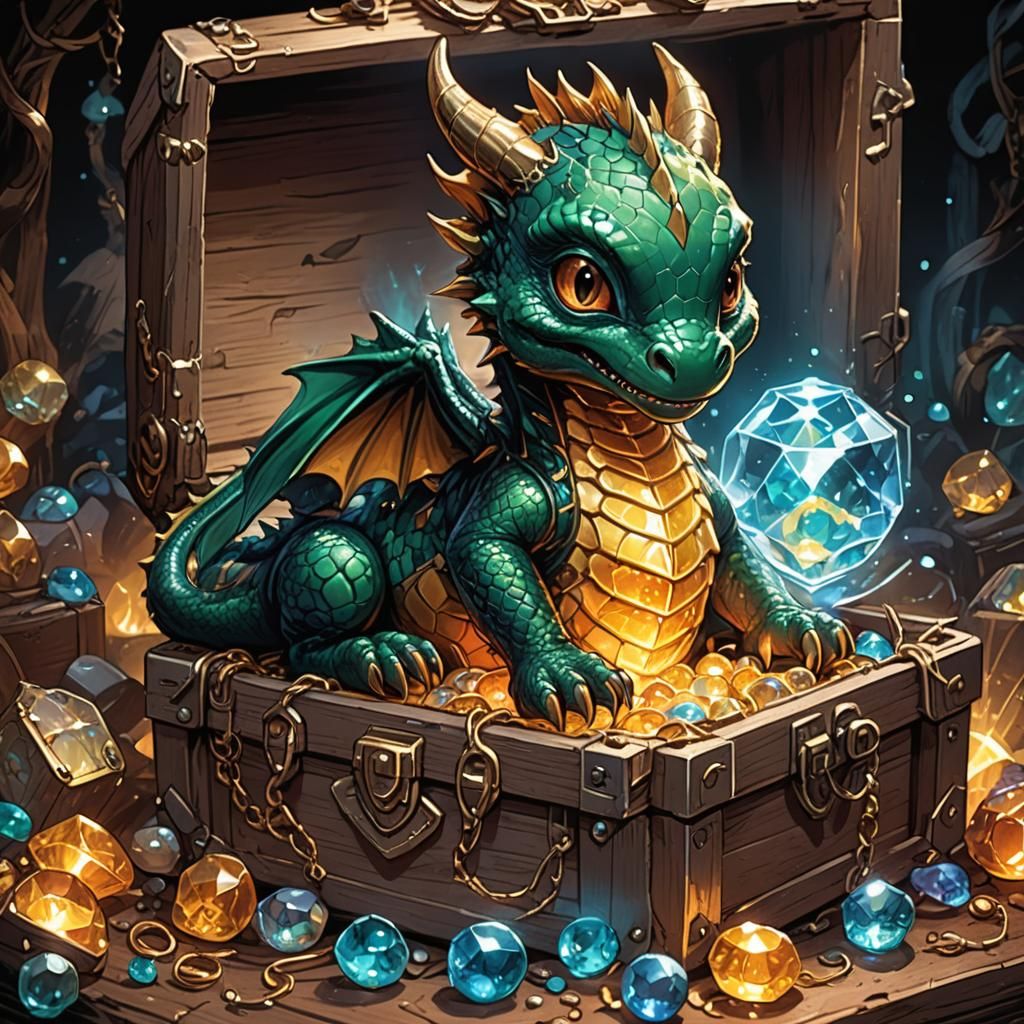 Baby Dragon with Glowing Jewels, Comic Book Art