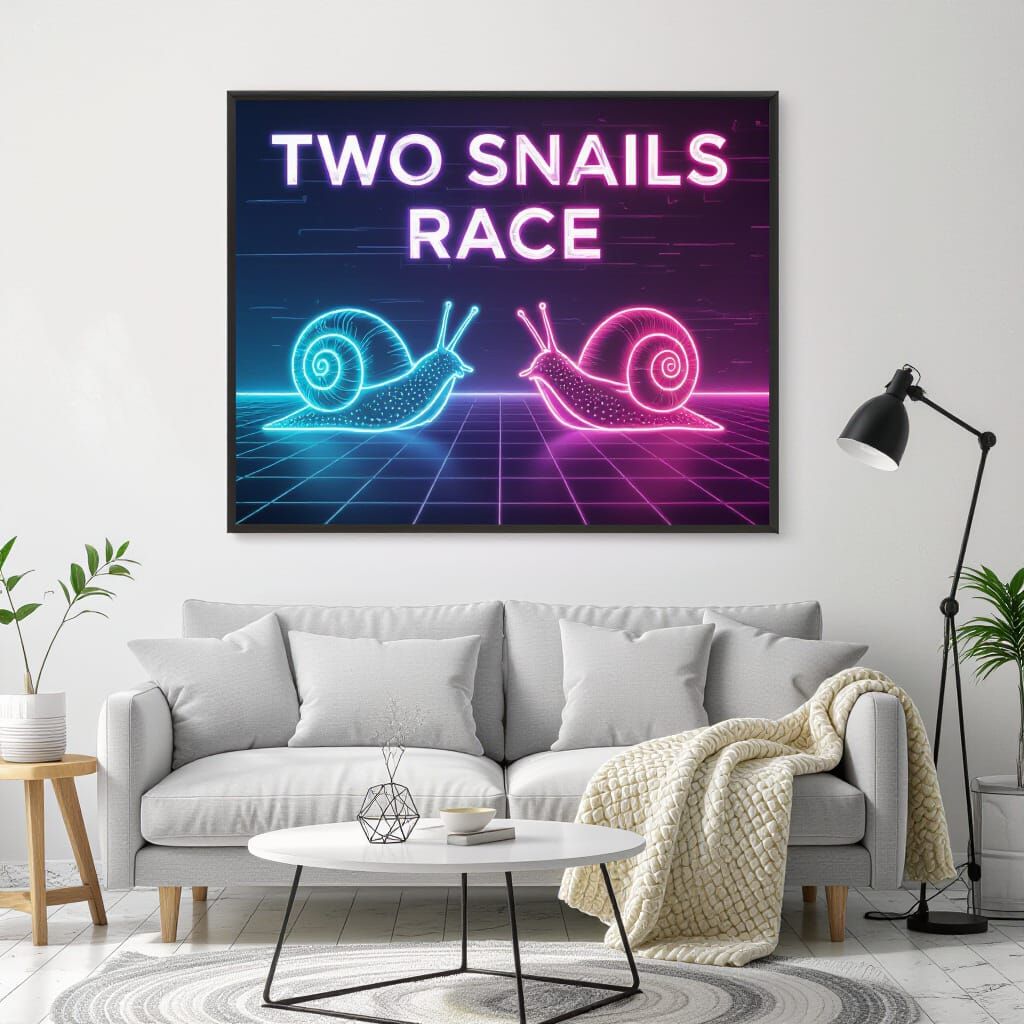 Synthwave Neon Poster: Two Snails Racing