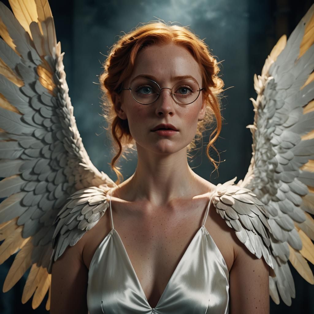 Woman in Satin Dress with Wings: Cinematic Film Still