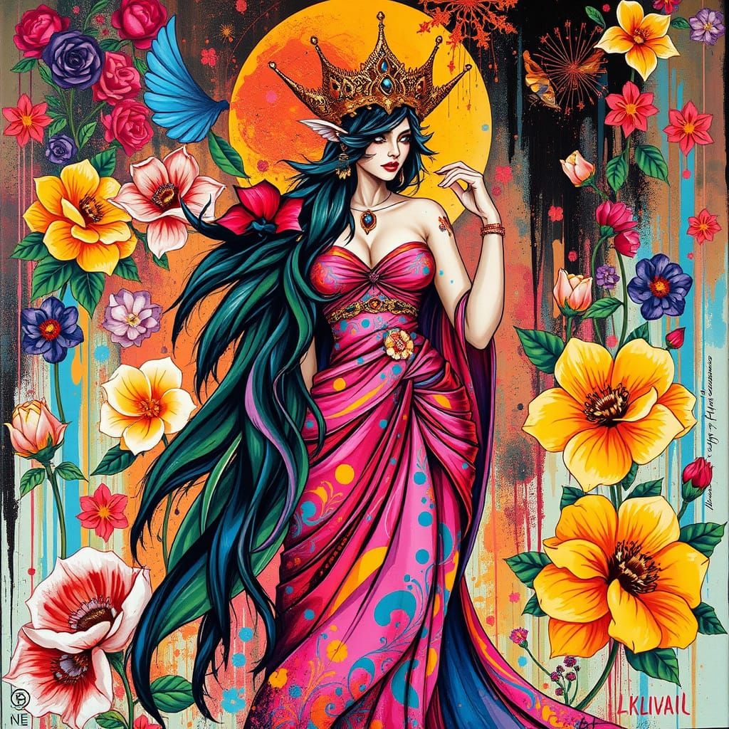 Lilith in Graffiti Art Style with Flowing Attire