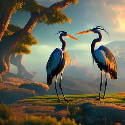 Dancing Herons in Detailed Matte Painting