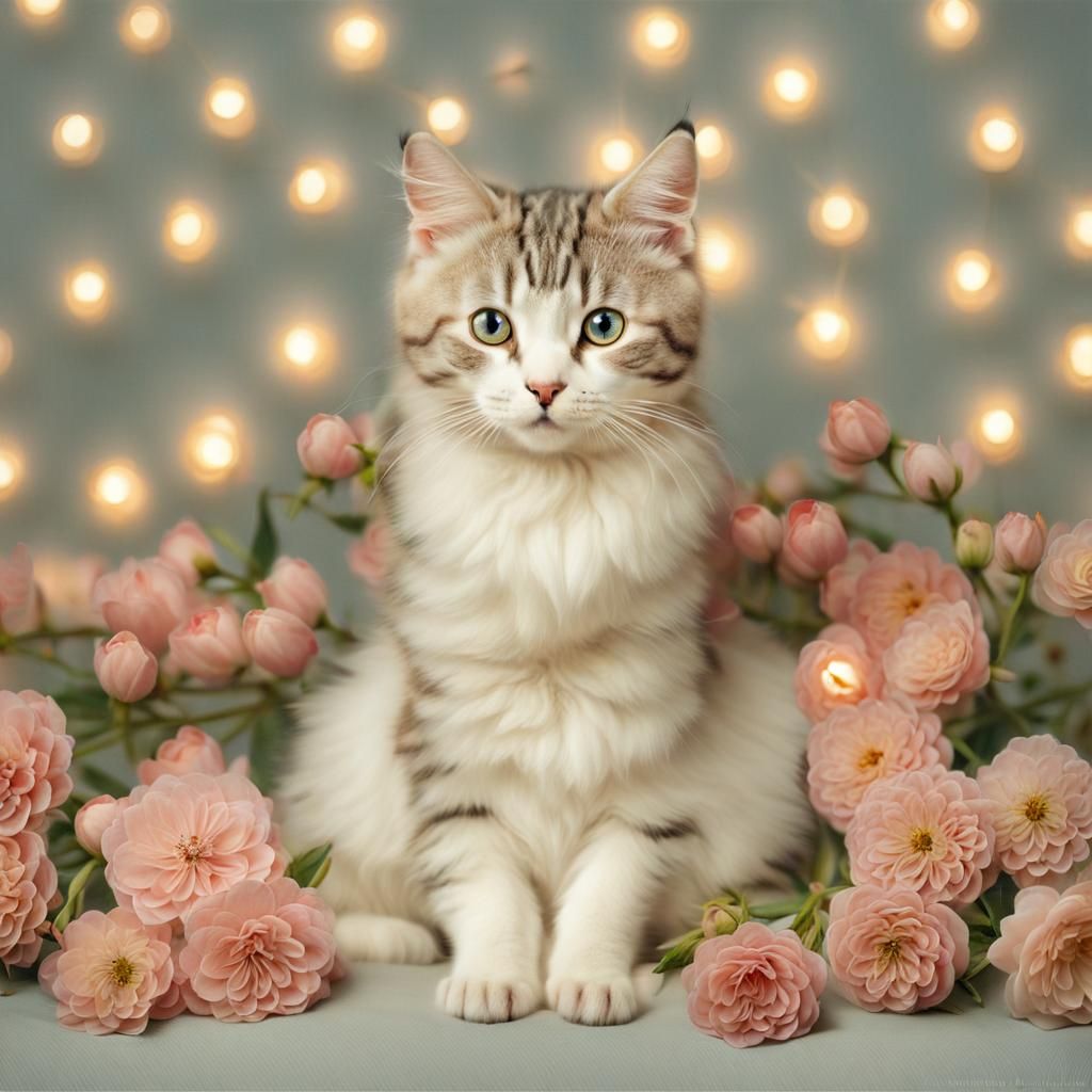 Ethereal Portrait of Cat Surrounded by Flowers